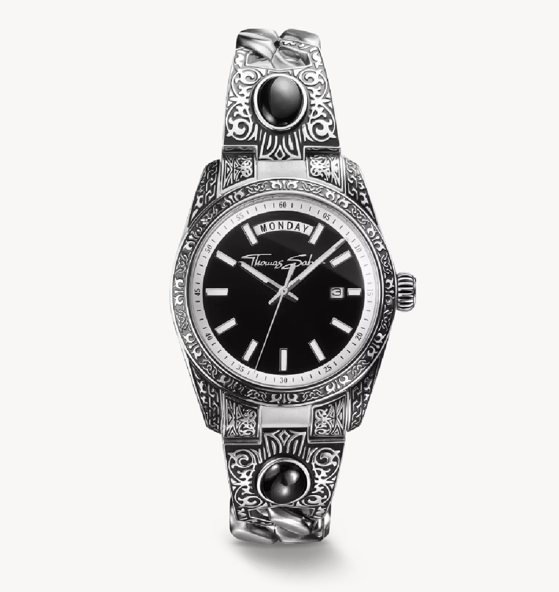 Thomas Sabo Uhr mit Edelstahlgehäuse in 40 mm, verziert mit westlichen Ornamenten, schwarzem Ziffernblatt und Datumsanzeige, elegante Ausführung für Herren.