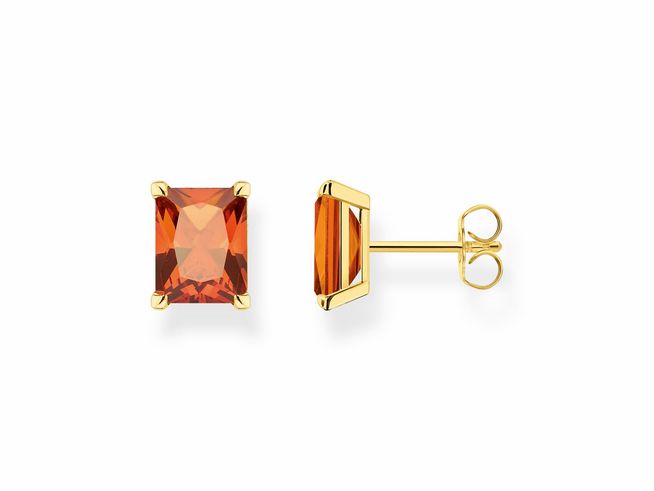 Ohrstecker aus Sterling Silber vergoldet mit glitzerndem orangefarbenem Glas-Keramik Stein in rechteckiger Form, Maße 9 x 11 mm, elegant und auffällig.