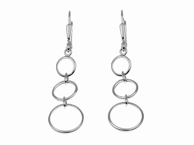 Ohrhänger Dreifach Ringe aus Sterling Silber, rhodiniert, Hersteller Juwelier Harnisch, elegante und moderne Form, ohne Stein, geeignet für stilvolle Outfits.