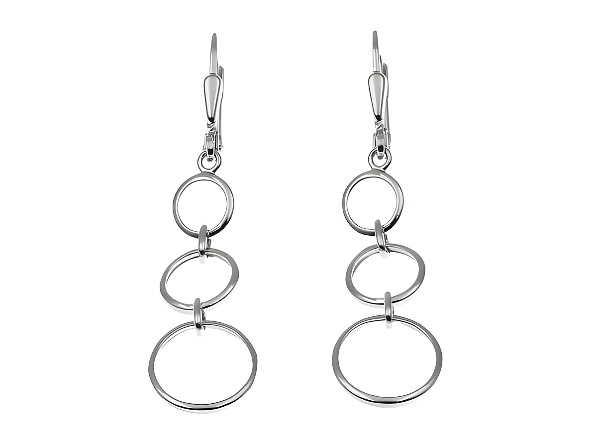 Ohrhänger Dreifach Ringe aus Sterling Silber, rhodiniert, Hersteller Juwelier Harnisch, elegante und moderne Form, ohne Stein, geeignet für stilvolle Outfits.
