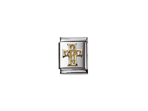 Zirkonia Kreuz von Nomination Big DAILY LIFE, besteht aus hochwertigem Edelstahl mit goldenem Kreuz und glitzernden Zirkonia-Steinen, ideal für stilvolle Armbänder.