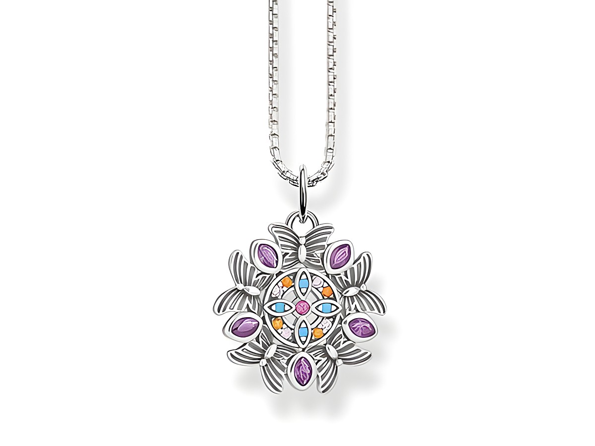 Kette mit Anhänger von Thomas Sabo in Silber, Design mit Kaleidoskop-Muster, verziert mit bunten Steinen, Länge 38-42 cm, elegantes Schmuckstück für Damen.