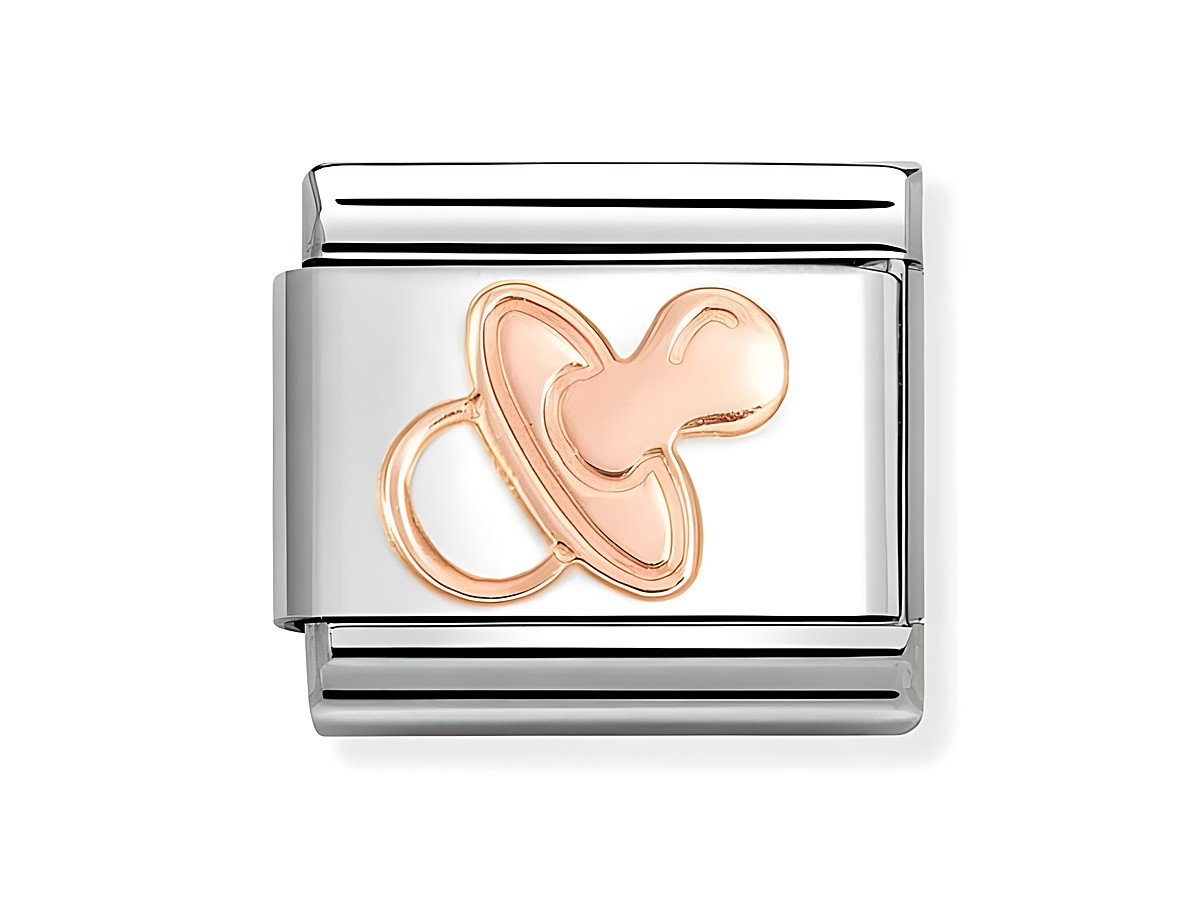 Schnuller aus Roségold mit zwei seitlichen Streifen in silberner Farbe, geeignet für das Armband von Nomination Classic Roségold 430104 57, bietet eine charmante und liebevolle Note.