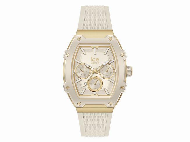 50441393-0 Ice Watch Uhr 022869 ICE boliday Almond Skin Small in gold mit einem eleganten Ziffernblatt, drei Chronographen und einem hellen Silikonarmband, ideal für stilbewusste Träger.