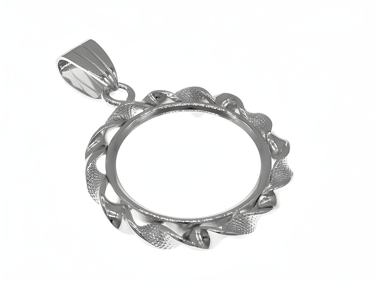 Münzfassung Anhänger aus rhodiniertem 925 Sterling Silber mit einem Durchmesser von 20 mm für Münzen bis 2,5 cm, Hersteller Juwelier Harnisch, elegantes Design mit feiner Struktur.