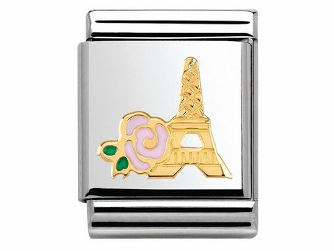 Ein elegantes Armbandglied mit einer künstlerischen Darstellung des Eiffelturms und einer stilisierten Rose in Gold und pastellfarbenem Emaille, perfekt für das Daily Life von Nomination.