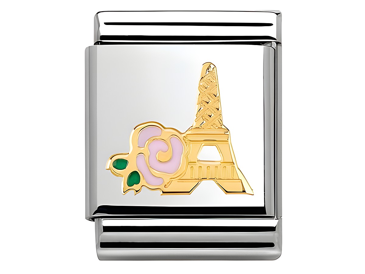 Ein elegantes Armbandglied mit einer künstlerischen Darstellung des Eiffelturms und einer stilisierten Rose in Gold und pastellfarbenem Emaille, perfekt für das Daily Life von Nomination.
