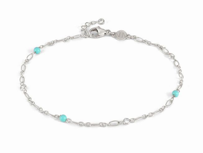 Silberne Fußkette von Nomination mit rhodiniertem Finish, Zirkonia in Weiß und türkisfarbenen Akzenten, verstellbar von 23 bis 26 cm für eleganten Tragekomfort.