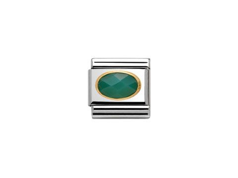 Elegantes Nomination Classic Achat Grün Steine mit ovaler Form, umrahmt von einem goldenen Rand und silberner Fassung, ideal für personalisierte Schmuckkreationen.