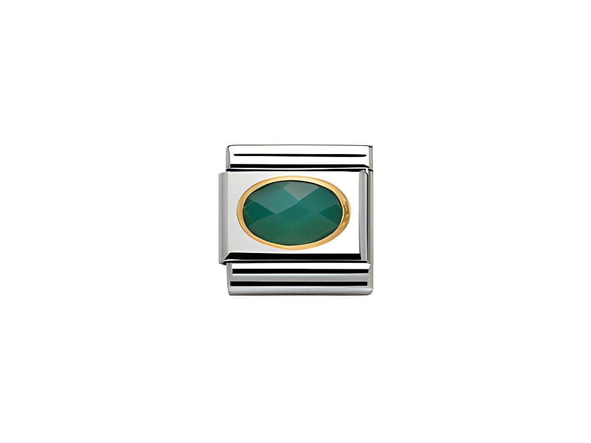 Elegantes Nomination Classic Achat Grün Steine mit ovaler Form, umrahmt von einem goldenen Rand und silberner Fassung, ideal für personalisierte Schmuckkreationen.