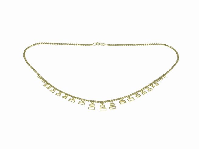 Collierkette mit Mittelteil aus 333 Gelbgold im Retro-Stil, 45 cm lang, bietet ein elegantes Design mit stilvollen Anhängern, gefertigt von Juwelier Harnisch.