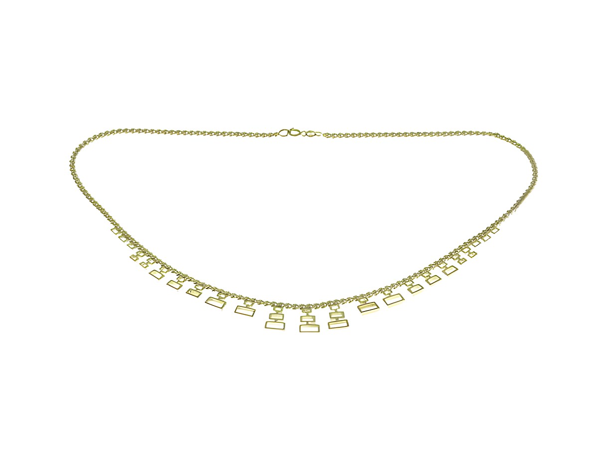 Collierkette mit Mittelteil aus 333 Gelbgold im Retro-Stil, 45 cm lang, bietet ein elegantes Design mit stilvollen Anhängern, gefertigt von Juwelier Harnisch.