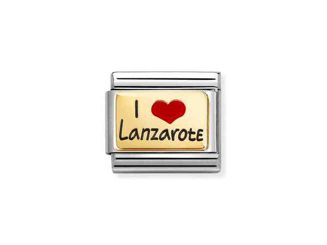 Edelstahlarmband mit Email und 585er Gelbgold, verziert mit der Aufschrift I Love Lanzarote, ideal für Schmuckliebhaber und als Souvenir.
