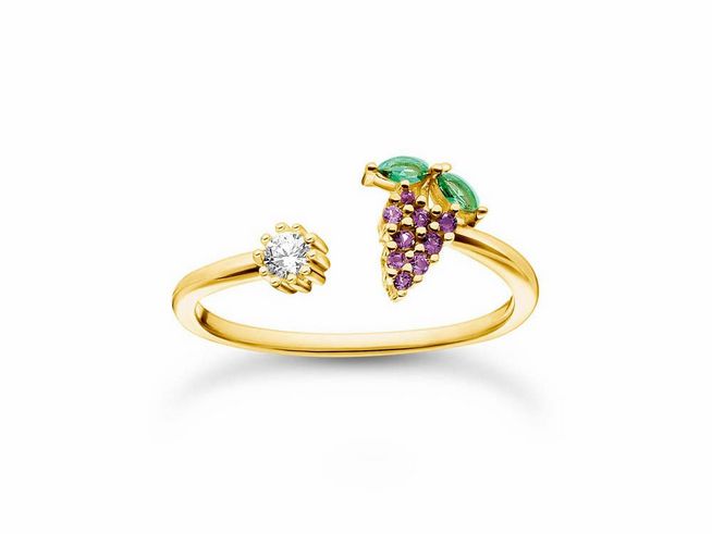 Thomas Sabo Ring aus Sterling Silber mit vergoldeter Oberfläche, Blaubeeren-Design, Glaskeramik Stein und Zirkonia, Größe 50.