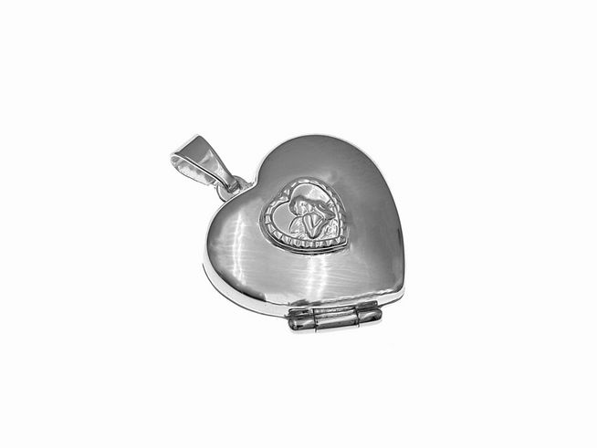 Silber Medaillon in Herzform mit Schutzengel-Motiv, rhodiniert, vom Hersteller Juwelier Harnisch, ideal als persönliches Schmuckstück oder Geschenk.