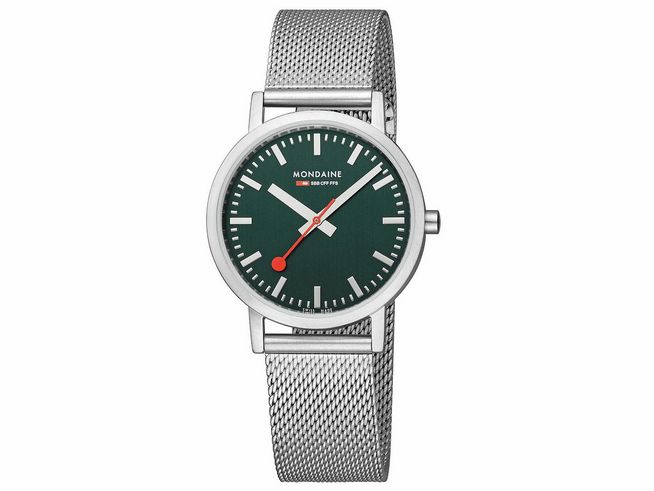 Mondaine Uhr Classic A660.30314.60SBJ mit 36 mm Gehäuse, Ziffernblatt in Waldgrün, silbernem Mesh-Armband und rotem Sekundenzeiger, elegantes und modernes Design.