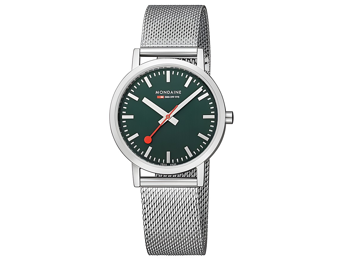 Mondaine Uhr Classic A660.30314.60SBJ mit 36 mm Gehäuse, Ziffernblatt in Waldgrün, silbernem Mesh-Armband und rotem Sekundenzeiger, elegantes und modernes Design.