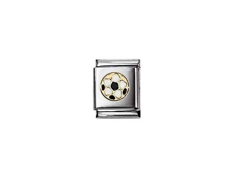 Ein silberner Anhänger von Nomination zeigt einen goldenen Fußball mit schwarzen und weißen Details, ideal für Sportliebhaber und Fans des italienischen Fußballs.