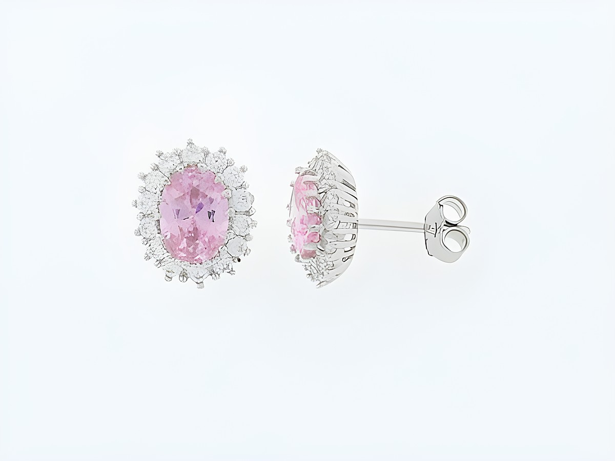 Silber Ohrringe oval mit pinkem Zirkonia in der Mitte und funkelnden Zirkonia umrandet, Steckerdesign, außergewöhnlicher Blickfang, Hersteller Juwelier Harnisch.