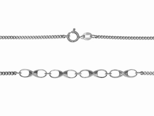 Panzerkette aus rhodiniertem Sterling Silber mit Mittelteil, 39 cm lang, gefertigt vom Juwelier Harnisch, elegant und vielseitig einsetzbar für stilvolle Colliers.