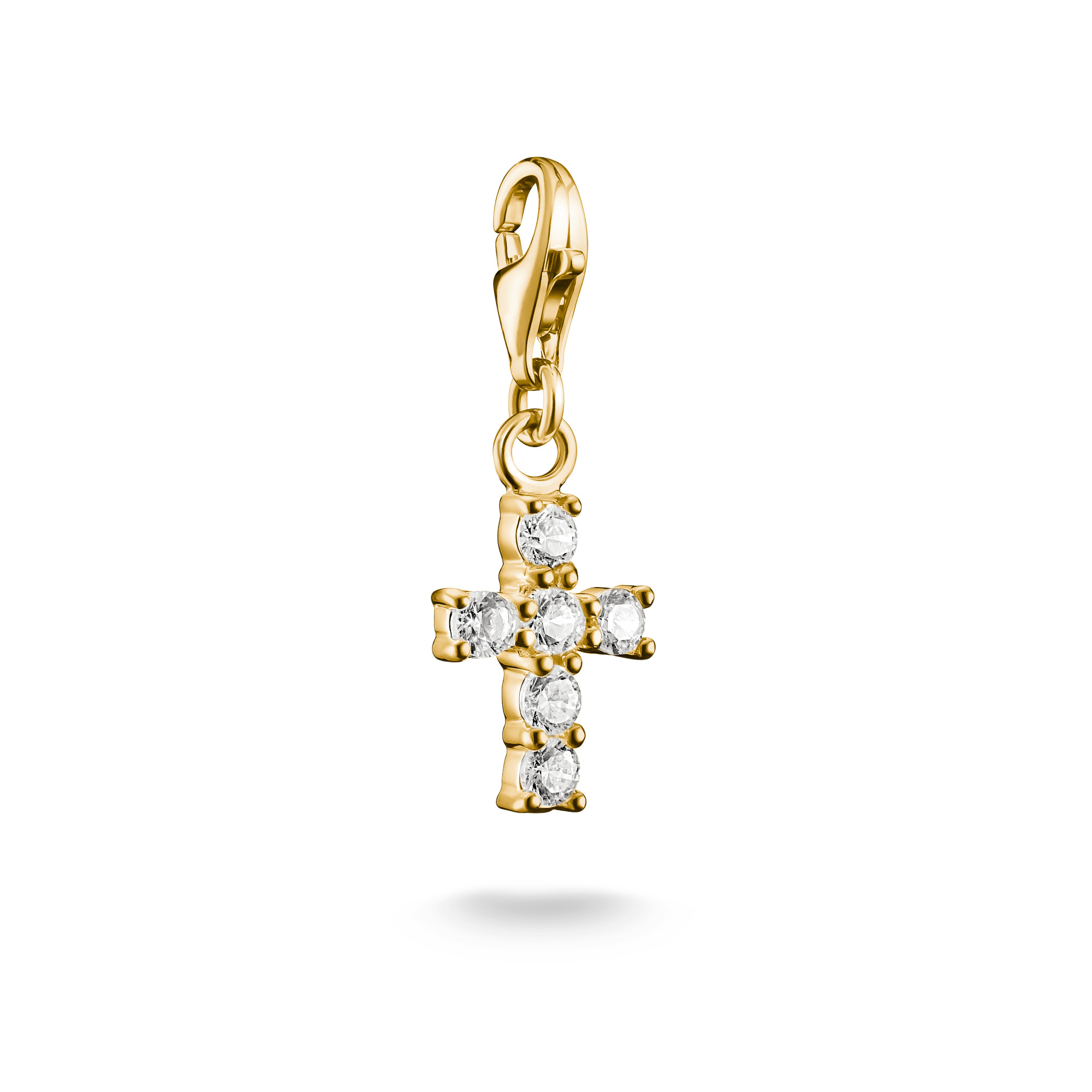 Thomas Sabo Charm Kreuz aus 18k Gelbgold Vergoldung, verziert mit funkelnden Zirkonia-Steinen, elegant und hochwertig, ideal für persönliche Schmuckkollektionen.