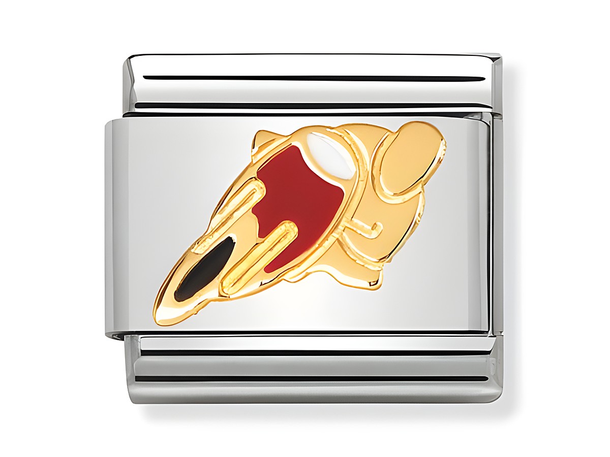 Motorrad Rennfahrer Motiv in gold und rot auf silbernem Hintergrund, hergestellt von Nomination, emailliert, passend für Classic Armbänder, Artikelnummer 030259 07.