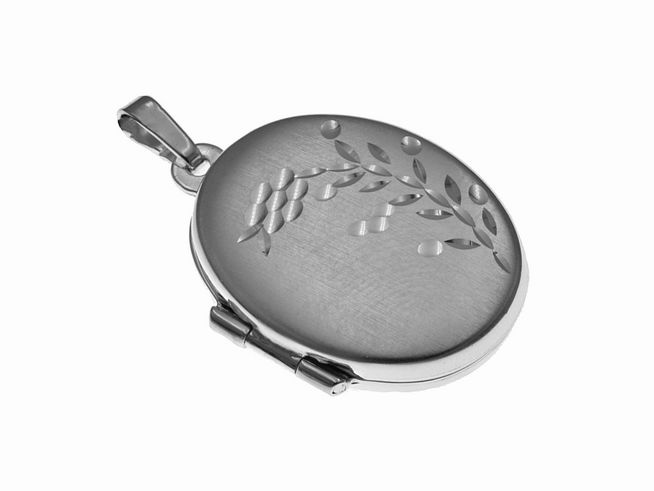 Sterling Silber Medaillon oval mit floralen Mustern, Hersteller Juwelier Harnisch, elegant verarbeitet und geeignet für persönliche Erinnerungen, glänzende Oberfläche.