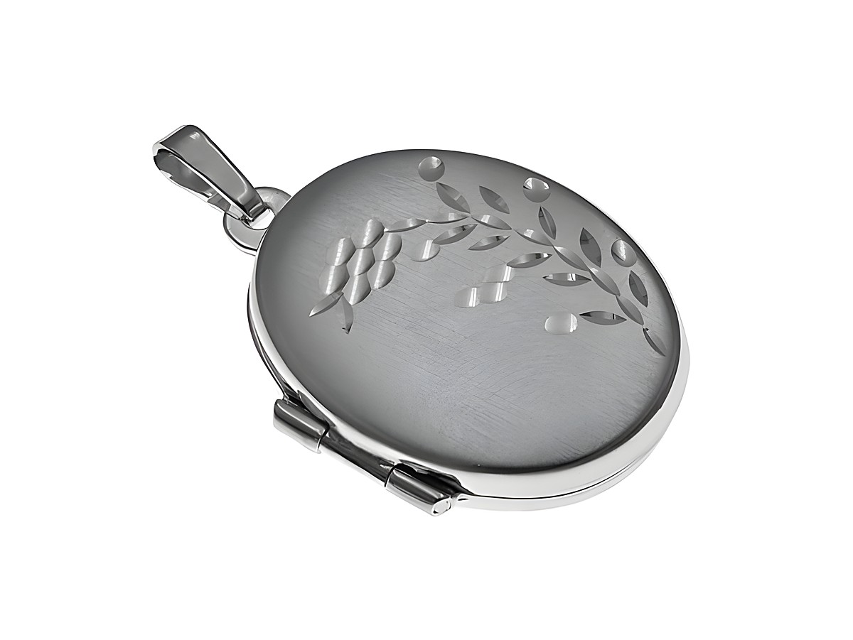 Sterling Silber Medaillon oval mit floralen Mustern, Hersteller Juwelier Harnisch, elegant verarbeitet und geeignet für persönliche Erinnerungen, glänzende Oberfläche.