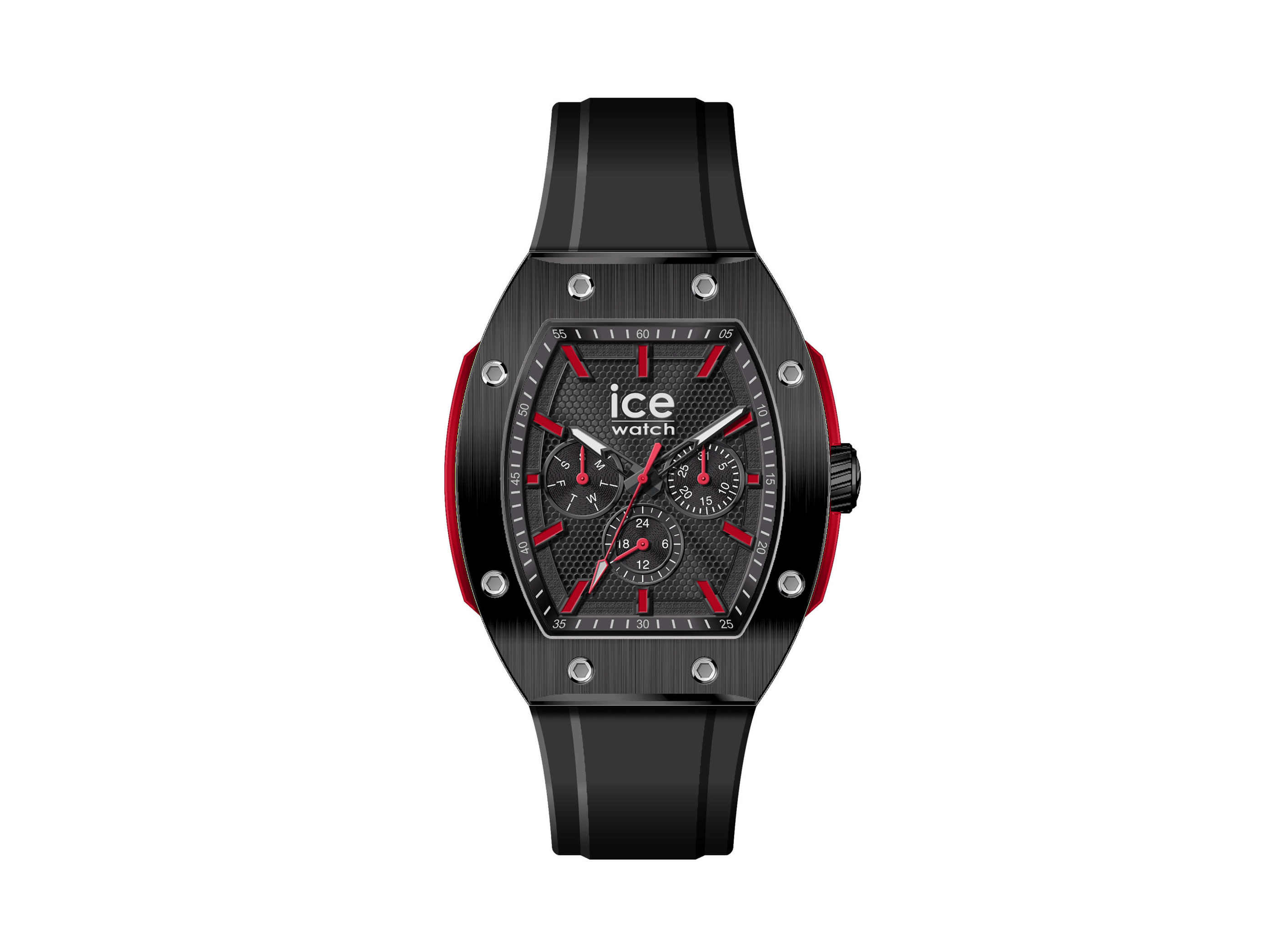 Schwarze und rote Ice Watch 024740 ICE boliday prestige mit rechteckigem Gehäuse, schwarzem Ziffernblatt und sportlichem Design, ideal für trendbewusste Träger.