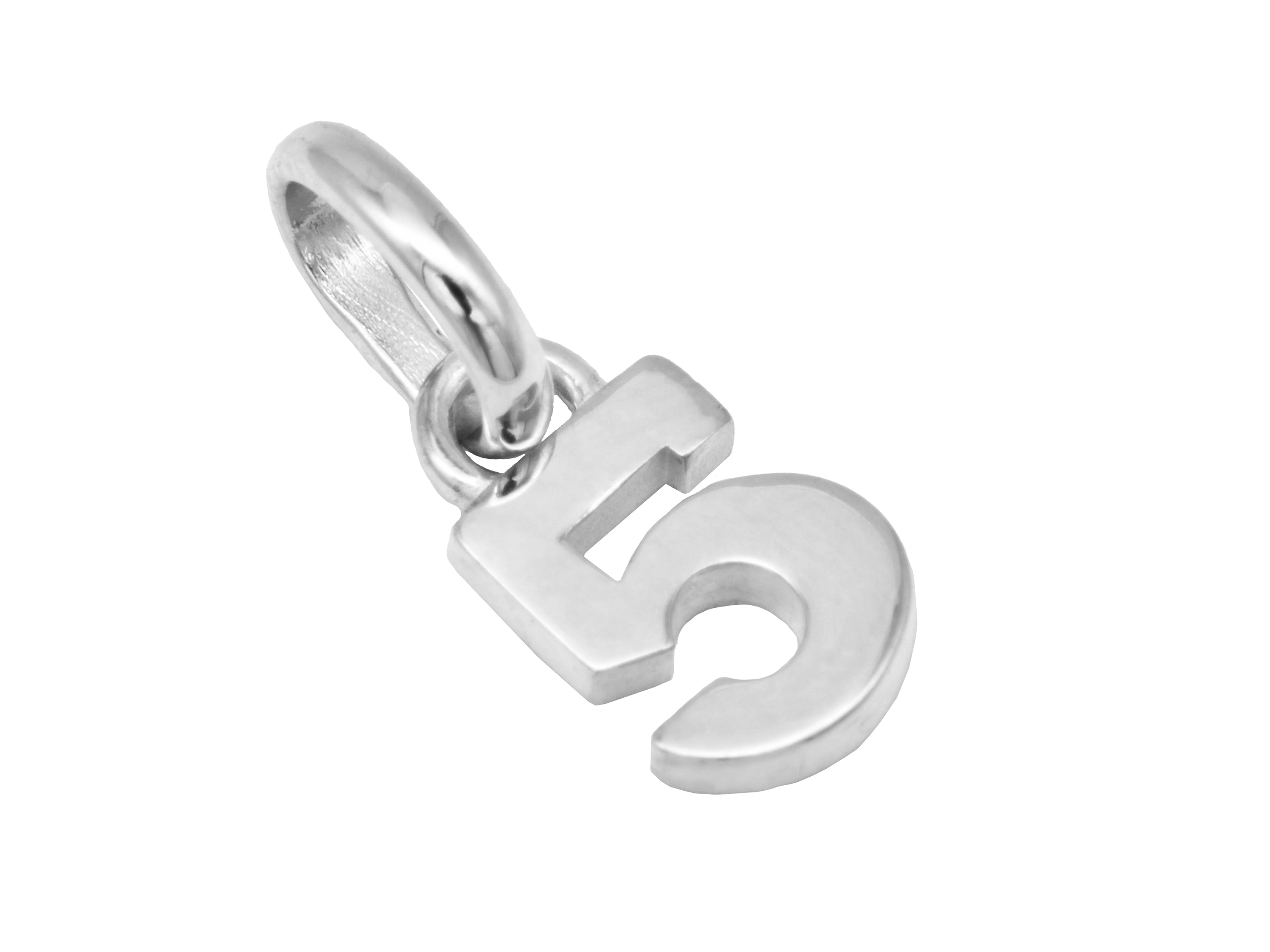 Silber Anhänger Zahl 5 aus rhodiniertem Sterling Silber, poliert, symbolisiert Glückszahlen, ideal für persönliche Glücksbringer, Hersteller Juwelier Harnisch.