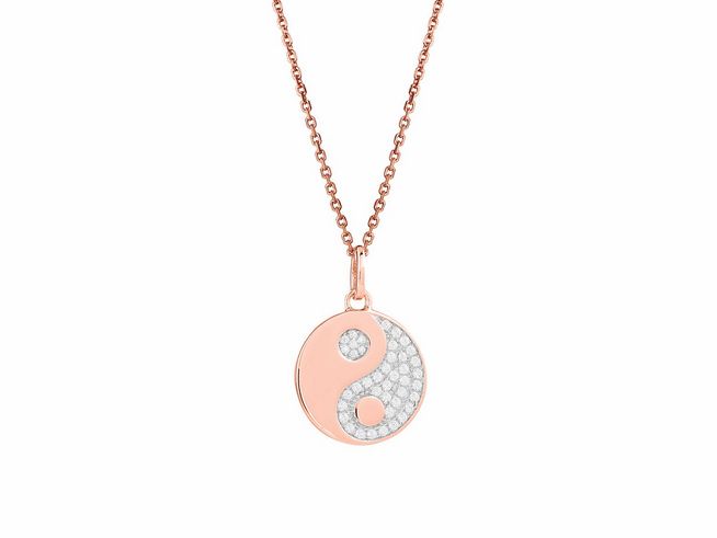 Silberne Ankerkette in Roségold Vergoldung mit einem Yin und Yang Anhänger, der teilweise mit funkelnden Steinen besetzt ist, Länge 40-45 cm, von Xenox, Modell XS3457RK.