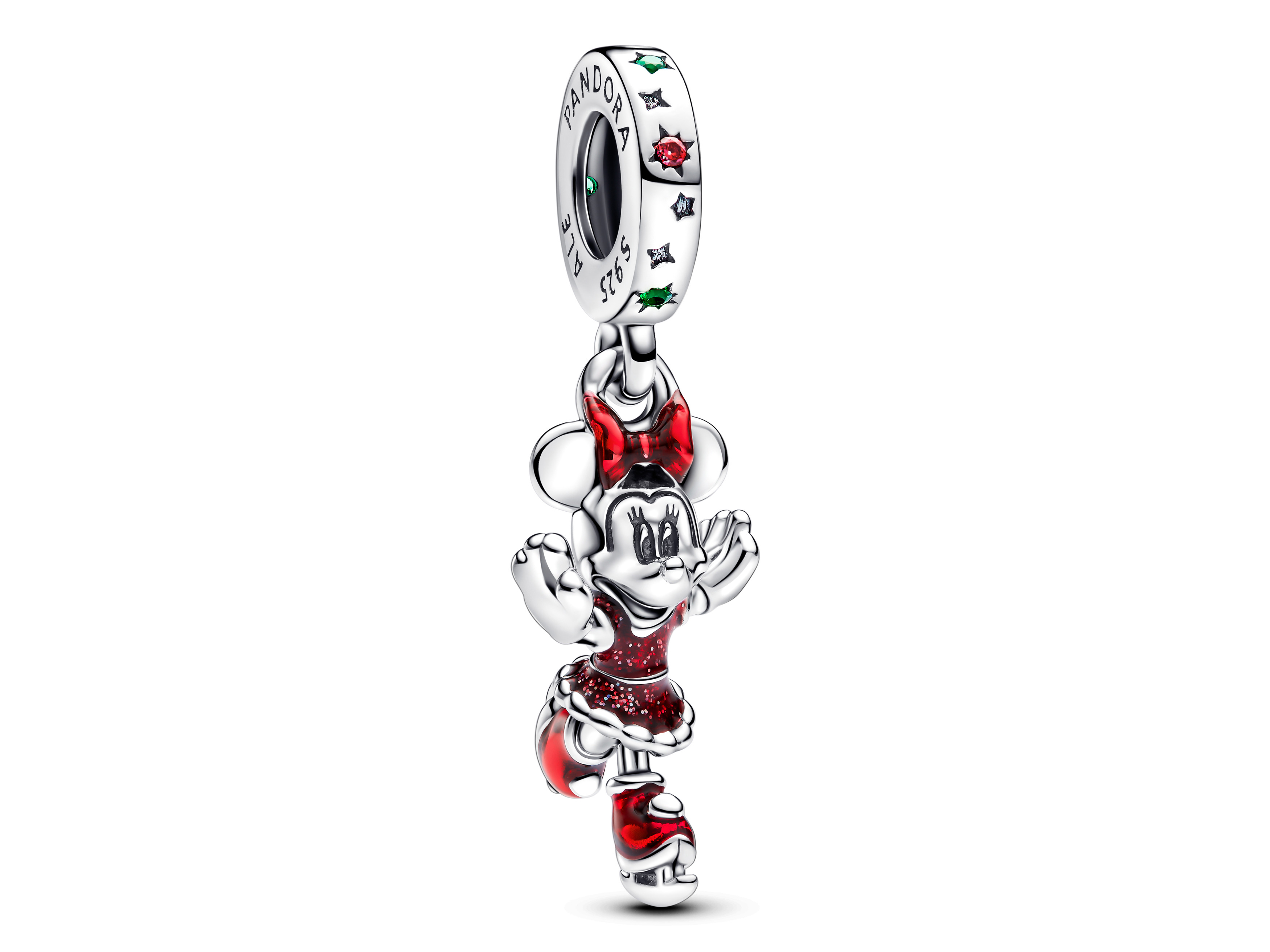 Pandora Charm Disney Minnie Mouse Eislaufen in Silber mit rotem Zirkonia, zeigt Minnie in einem funkelnden roten Outfit auf Schlittschuhen, ideal für Fans und Sammler.