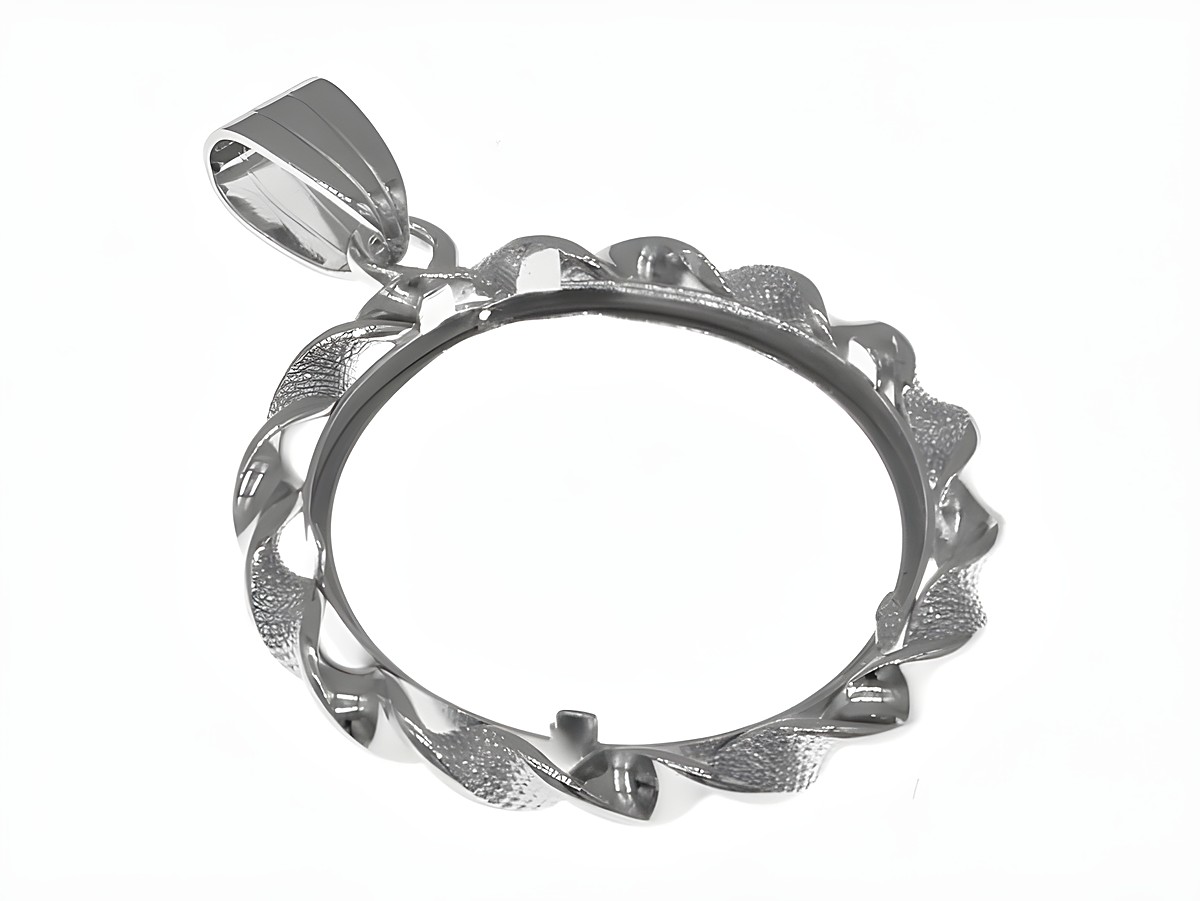 Münzfassung Anhänger aus rhodinierten 925 Sterling Silber mit einem Durchmesser für Münzen von bis zu 23 mm, kunstvoll verziert und ideal für individuelle Gestaltung. – Ansicht 2