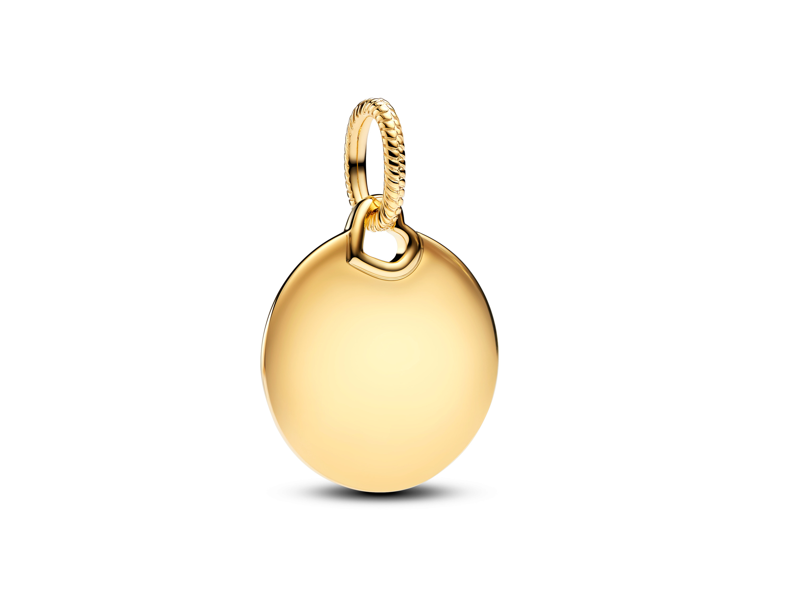 Runder Anhänger Charm von Pandora, vergoldet in Gelbgold, mit einem klassischen, glatten Design und einem stabilen Aufhängering, der für Armbänder und Ketten geeignet ist.