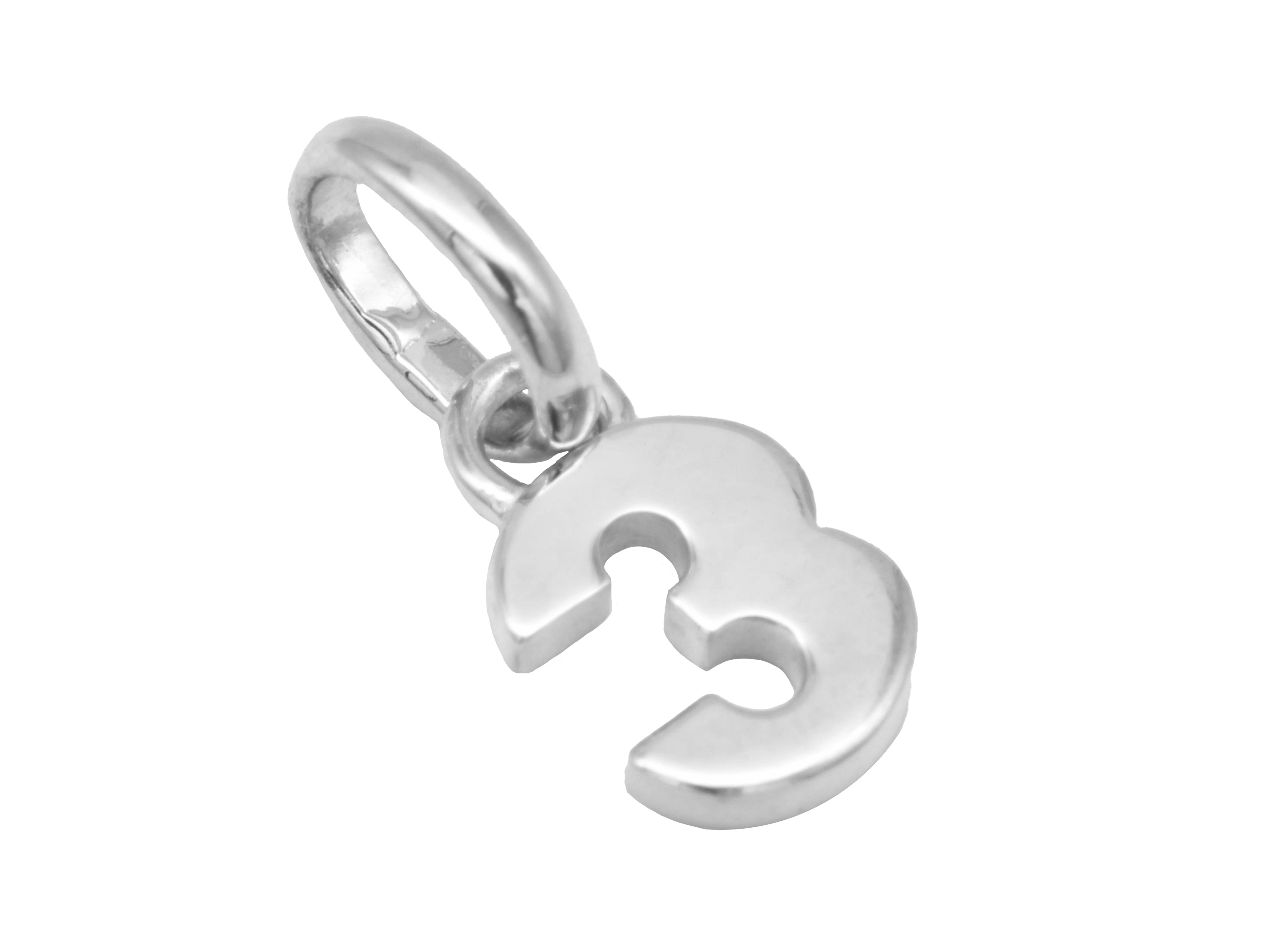 Gold Anhänger Zahl 3 aus 585 Weißgold, poliert, ideal als Glückszahl, gefertigt vom Juwelier Harnisch. Der Anhänger hat eine moderne, ansprechende Form.
