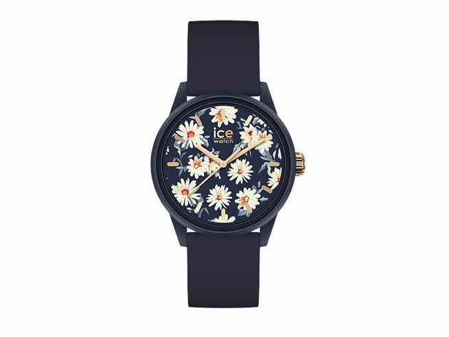 Die Ice-Watch ICE Solar Power Twilight Daisy in Small zeigt ein schwarzes Armband und ein Zifferblatt mit hellen Gänseblümchenmustern, kombiniert mit goldenen Zeigern und Logo.