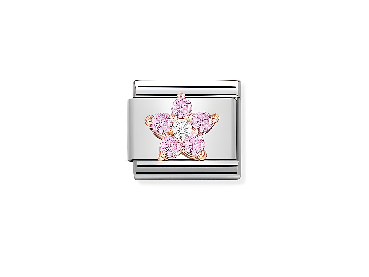 Roségoldenes Element aus der Kollektion NOMINATION Classic mit einer filigranen Blume in Rosa und Weiß, umgeben von funkelnden Steinen, ideal für eleganten Schmuck.