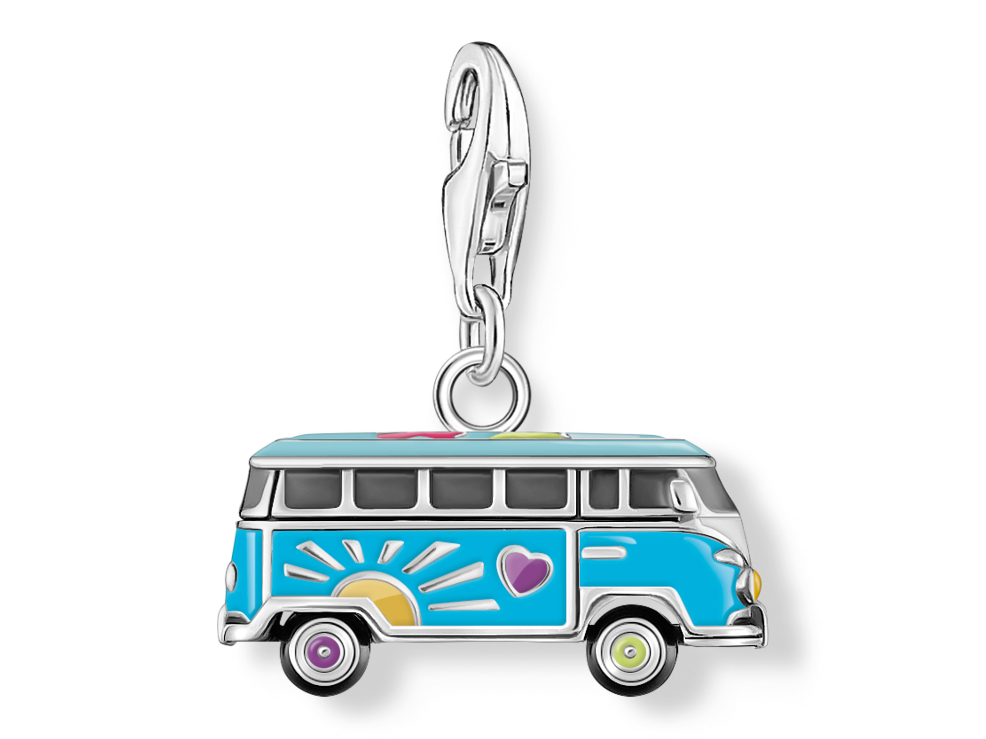 Bunter Thomas Sabo Charm-Anhänger in Form eines Hippie-Busses mit Sonnen- und Herzmotiven, ideal für individuelle Schmuckdesigns, neu und frisch eingetroffen.