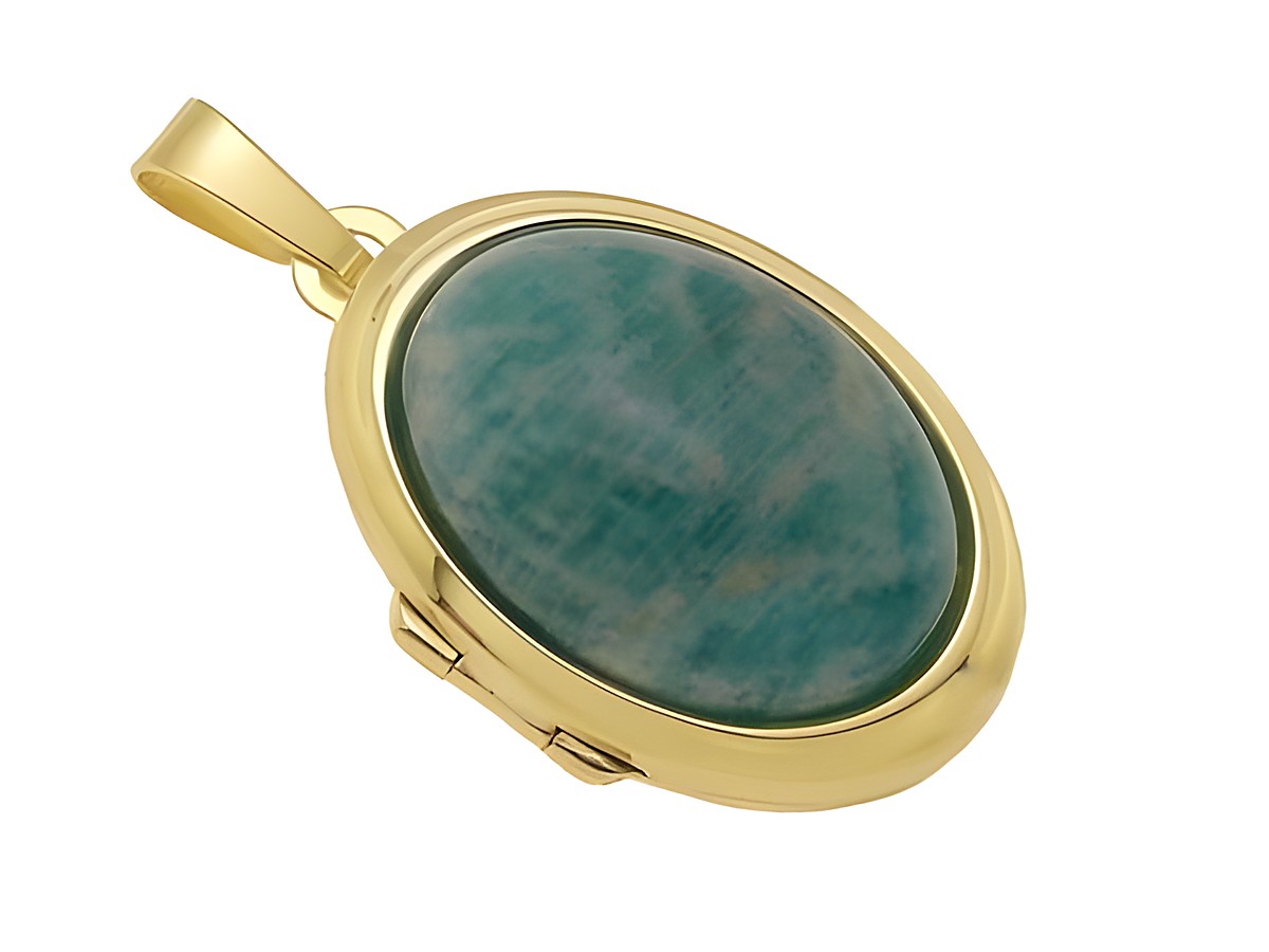 Russischer Amazonit Cabochon in ovaler Form, eingefasst in Gold 333 Medaillon, Hersteller Juwelier Harnisch, stilvolles und elegantes Schmuckstück für besondere Anlässe.