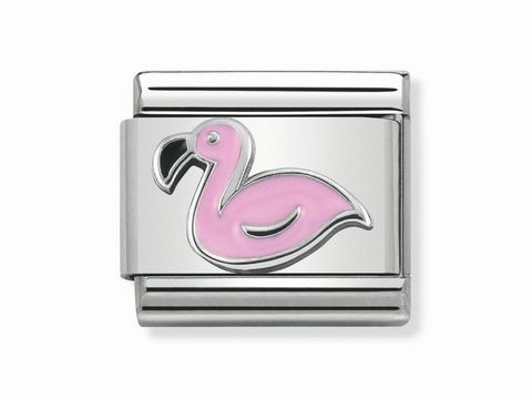 Silbernes Nomination Motiv mit einem pinken Flamingo Symbol, hergestellt von Nomination, für individuelle Armbänder und Schmuckstücke, klassisches Design mit lebhaftem Motiv.