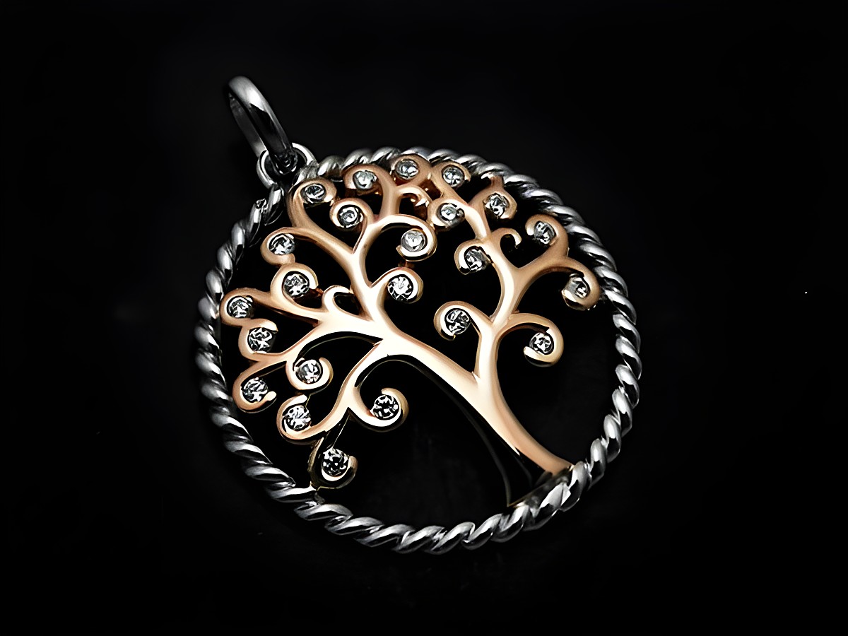 Lebensbaum Silber Anhänger rhodiniert mit funkelndem Zirkonia, bicolor Design in Roségold und Silber, umrahmt von einem gedrehten Rand, hergestellt von Juwelier Harnisch als Glücksbringer.