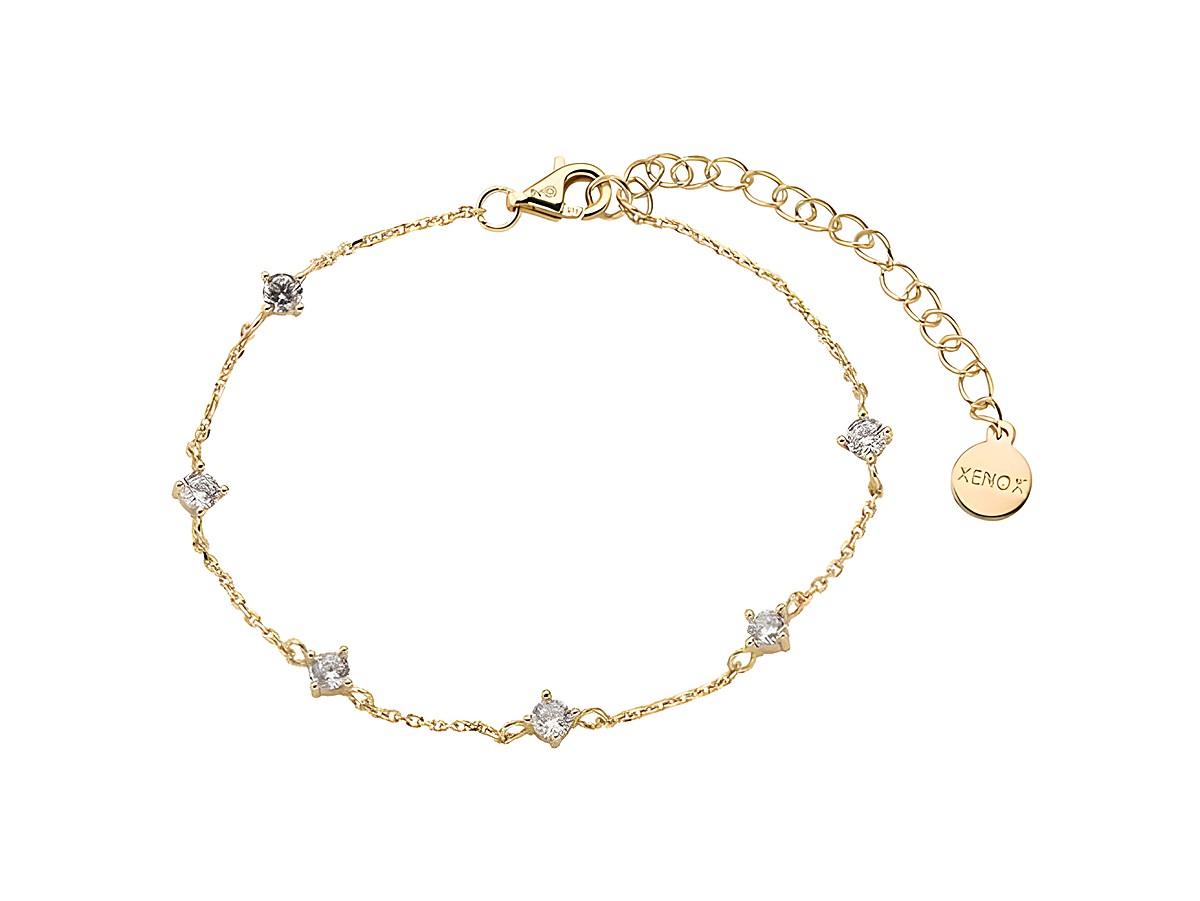 Xenox Sterling Silber Armband XS2037G mit einer Länge von 15-20 cm, gefertigt aus vergoldeter Kareekette, verziert mit funkelnden Zirkonia-Steinen und einem kleinen Anhänger mit XENOX-Prägung.