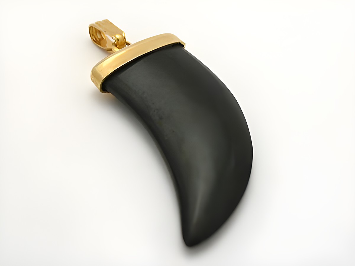 Zahn Fangzahn Onyx Anhänger in goldfarbener Fassung, hergestellt von Juwelier Harnisch, mit glattem Edelstein und edlem Design, ideal als Schmuckstück für besondere Anlässe.