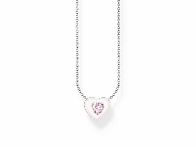 Silberne Kette von Thomas Sabo mit pinkem Emaille-Herzanhänger und Zirkonia, verstellbar von 40 bis 45 cm, elegantes Schmuckstück für jeden Anlass.