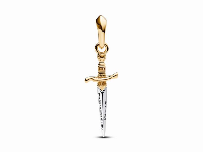 Charm-Anhänger in Form eines Schwerts aus Silber und Gelbgold mit gravierten Details, inspiriert von Game of Thrones, geeignet für Pandora Schmuck.