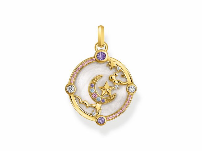 Schöner Thomas Sabo Anhänger aus Silber mit bunter Emaille und Zirkonia, kosmischer Talisman in Form von Mondsichel, Sternen und weiteren Verzierungen.