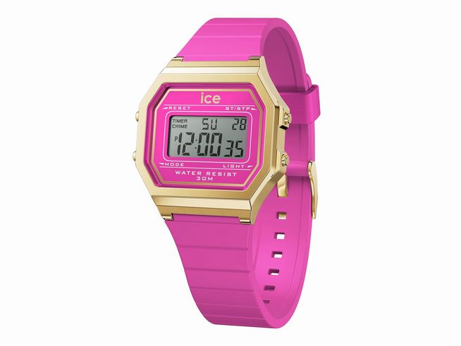 Die Ice Watch Uhr 022527 - ICE digit retro Pink - Small zeigt ein digitales Display mit goldfarbenem Gehäuse und einem pinken Silikonarmband, wasserfest bis 30 Meter.