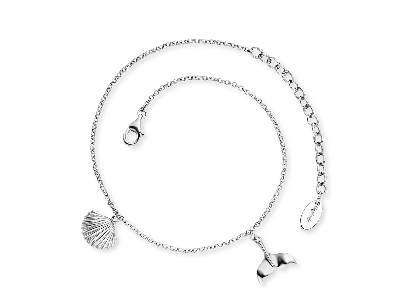 Engelsrufer ERF-ALOHA ALOHA Fußkette - Silber rhod. 22 cm Silberne Fußkette von Engelsrufer ERF-ALOHA mit drei Anhängern in Form einer Muschel und einem Walschwanz, rhodiniert, 22 cm lang, elegantes und verspieltes Design für jeden Anlass.