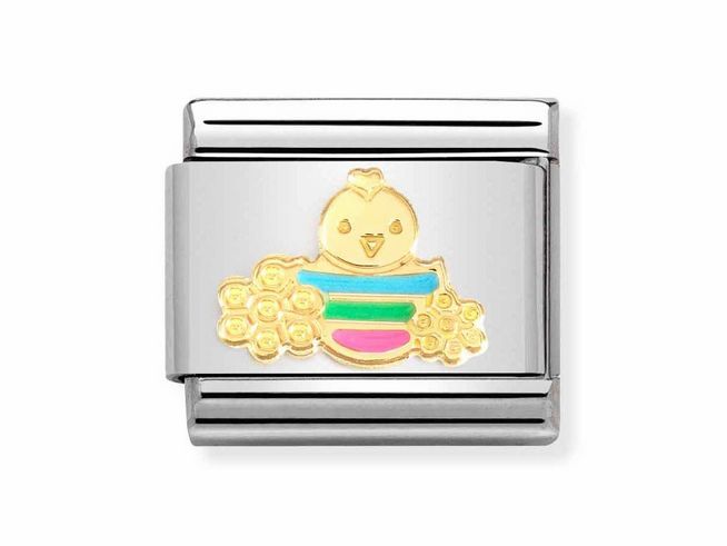403027275-0 Edelstahlarmband mit 750 Gelbgold und buntem Emaille-Dekor, zeigt ein Osterküken umgeben von Blumen, fröhliches Design für Ostern.