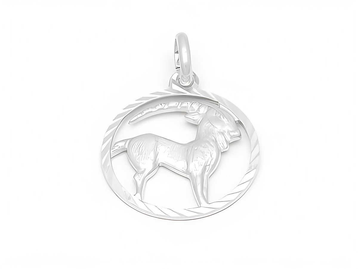Sterling Silber Anhänger mit diamantiertem Steinbock Sternzeichen, Hersteller Juwelier Harnisch, detailreiche Darstellung des Steinbocks in einem runden Design.
